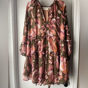 ARULA Pink and Olive Floral Long Sleeve Tiered Dress